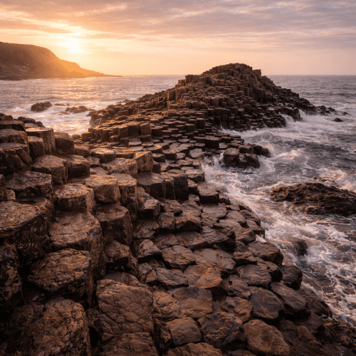 Giant's Causeway depicted in artistic style as a dramatic basalt column landscape symbolizing natural wonder and mythic legends.