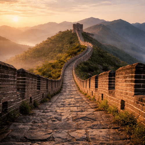 Great Wall depicted in sweeping art as a majestic ancient fortification symbolizing protection and endurance.