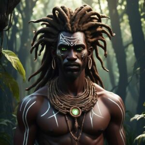 Image of the Hadzabe creator god Haine standing in a Tanzanian jungle