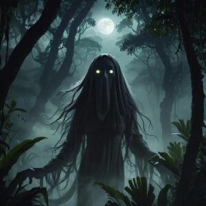 Hantu Raya depicted in dark, eerie art as a malevolent spirit embodying fear and supernatural power.
