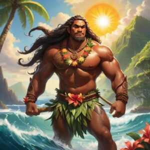 Maui depicted in vibrant art as a heroic demigod embodying strength, adventure, and cleverness.