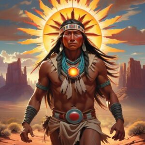 Tsohanoai depicted in dynamic art as the majestic sun god embodying light, guidance, and celestial authority.