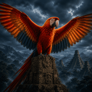 Vucub Caquix on an ancient Mayan pyramid