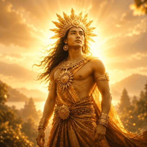 Adlaw depicted in radiant art as the personification of the sun, symbolizing light, life, and vitality.