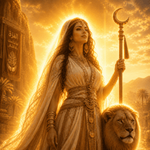 Al Uzza depicted in radiant art as a majestic pre-Islamic goddess symbolizing strength, protection, and celestial power.