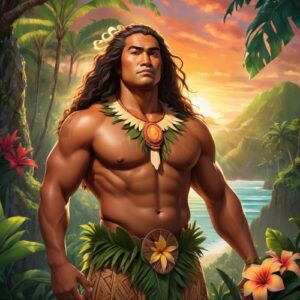 Samoan demigod Aloo le La standing in a Samoan landscape