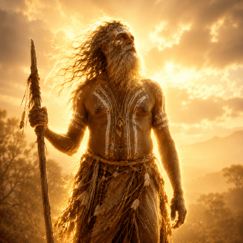 Altjira_ depicted in vibrant art as a sky deity embodying creation, balance, and ancestral dreams._