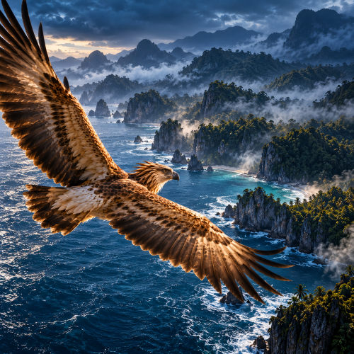 Amihan, the primordial bird of Tagalog mythology, soars from the ocean toward the forested Philippine islands
