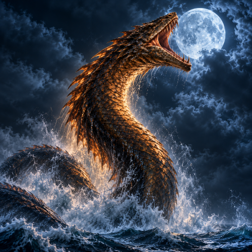 Bakunawa, the colossal sea serpent from Philippine folklore, rises from turbulent ocean waters