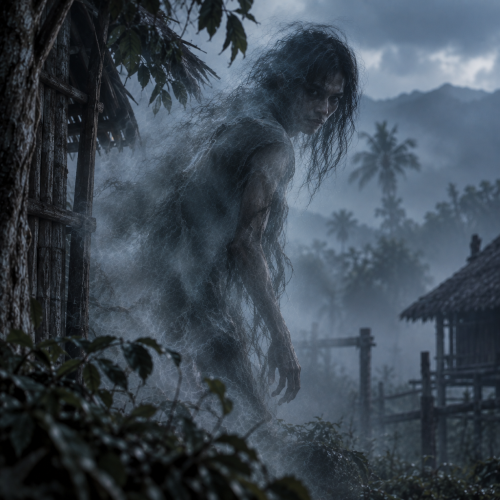 Busaw spirit with tangled hair and a gaunt face emerges from mist beside a traditional Philippine village