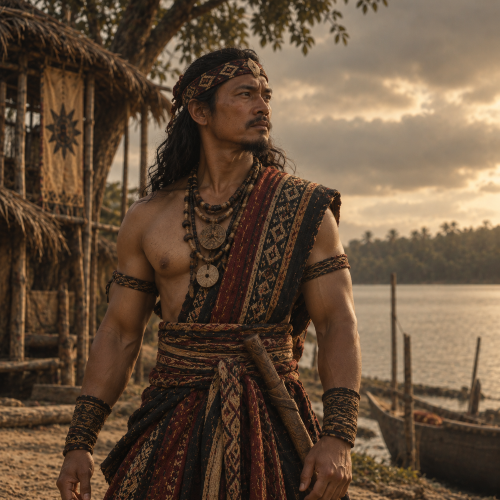 Datu Paubari, the mortal chieftain from Philippine mythology, stands beside a traditional thatched hut in a riverside village