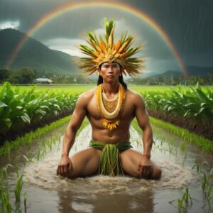 Dumangan depicted in vibrant art as the benevolent harvest goddess symbolizing fertility, abundance, and seasonal cycles.