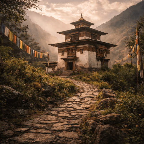 Dumtseg Lhakhang depicted as a sacred Himalayan temple symbolizing spirituality, protection, and cultural heritage.
