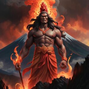 Gugurang depicted in dynamic art as a fierce volcano god symbolizing fire, protection, and wrath.