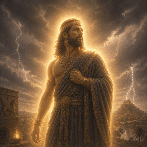 Hadad depicted as the storm and thunder god, symbolizing power, rain, and fertility.
