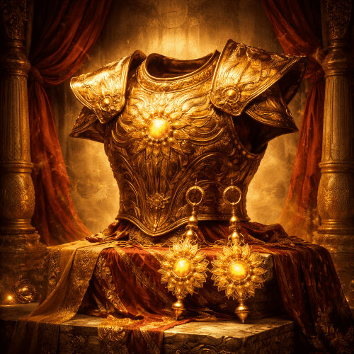 Kavacha and Kundala depicted in vibrant art as mystical protective talismans symbolizing strength