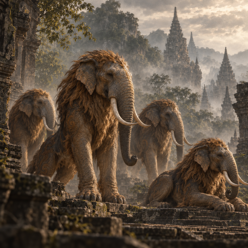 Four Kochasi creatures, mythical lion-elephant hybrids from Thai tradition, stand and rest among ancient temple ruins