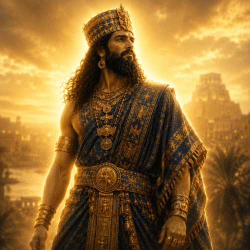 Marduk_ depicted in mythic art as a powerful sky god symbolizing order, creation, and divine authority.