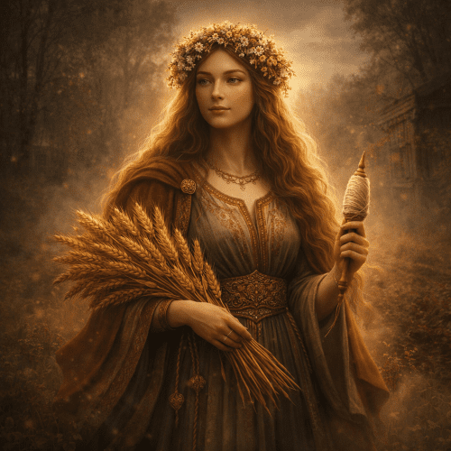 Mokosh depicted in flowing art as a nurturing earth goddess symbolizing fertility, harvest, and protection.