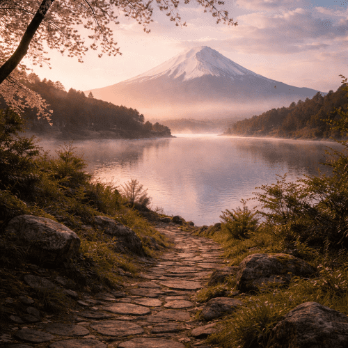 Mount Fuji depicted in as a majestic volcanic peak symbolizing beauty, tranquility, and cultural heritage.
