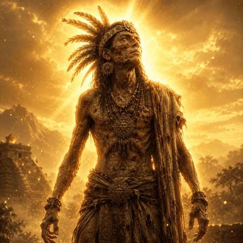 Nanahuatzin depicted in mythic art as a self-sacrificing deity symbolizing humility