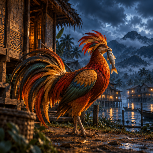 A vividly coloured Sarimanok holding a silver fish in its beak stands outside a traditional Maranao stilt house