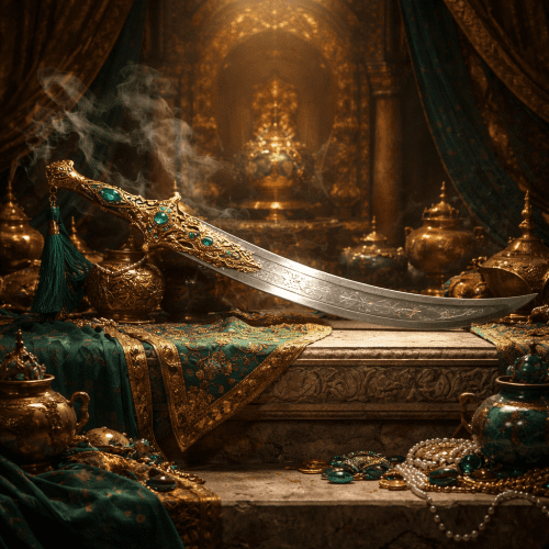 Shamshir-e-Zomorrodnegar depicted in dramatic art as a legendary emerald sword symbolizing heroism, magic, and valor.