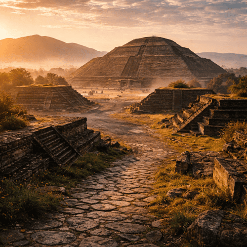 Teotihuacan depicted as an ancient Mesoamerican city symbolizing culture, architecture, and spiritual legacy.