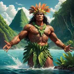 Palauan creator god Ucheilanged emerging from the Palauan waters