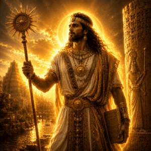 Utu depicted in radiant art as the sun god embodying light, justice, and life-giving energy.