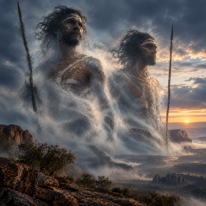 Wati Kutjara ancestral men emerge from mist over a rugged Western Desert landscape