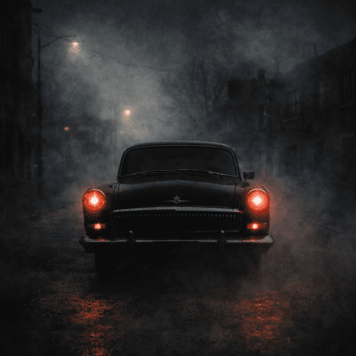 Black Volga depicted as a sinister black sedan symbolizing Soviet-era urban legends, fear, and mysterious deaths.