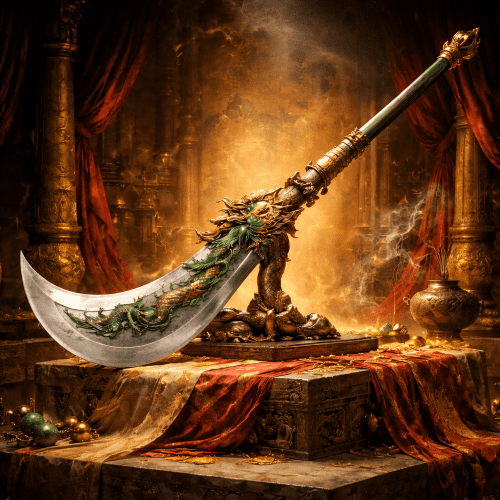 Green Dragon Crescent Blade illustrated in mythic art as a legendary weapon symbolizing strength, loyalty, and martial mastery.
