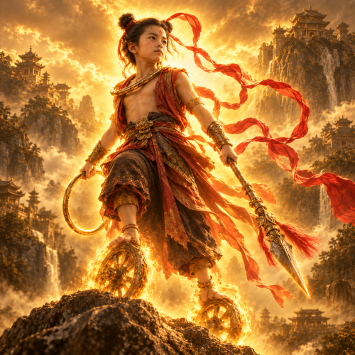 Nezha, the youthful Chinese warrior god, standing on flaming Wind Fire Wheels with a Fire-Tipped Spear