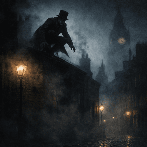 Spring Heeled Jack over a cobblestone street in a black coat