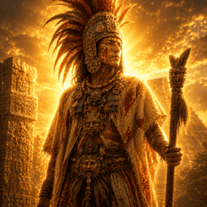 Xipe Totec depicted in mythic art as an Aztec god symbolizing renewal, sacrifice, and rebirth.