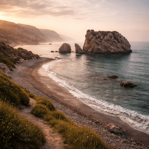 Aphrodite&rsquo;s Rock shown in serene art as a sacred shoreline symbolizing love, beauty, and divine birth.