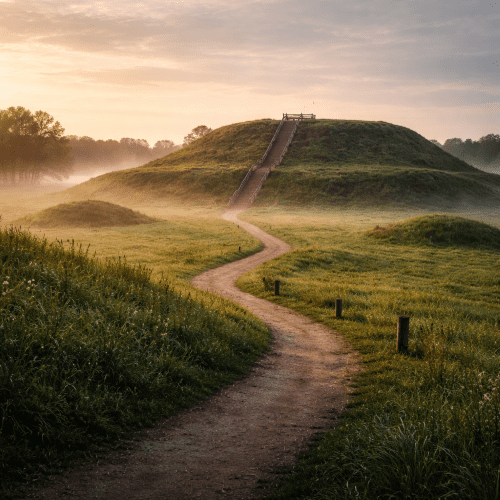 Cahokia Mounds shown in stylized art as ancient earthen pyramids symbolizing indigenous civilization and sacred space.