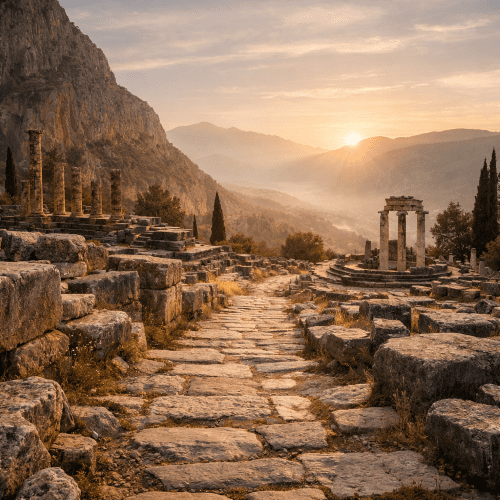 Delphi depicted as an ancient sanctuary symbolizing prophecy, wisdom, and sacred heritage.