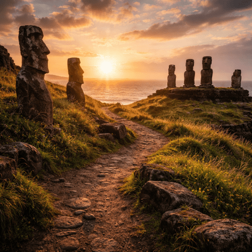 Easter Island featuring Moai statues symbolizing ancient mystery and ancestral heritage.