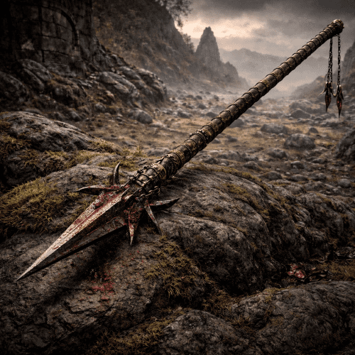 G&aacute;e Bulg depicted in mythic art as a legendary weapon symbolizing deadly precision, heroism, and warrior prowess.