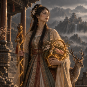Magu, the Chinese immortal of longevity, holding a peach and flower basket