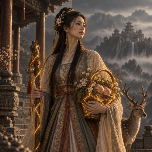 Magu, the Chinese immortal of longevity, holding a peach and flower basket
