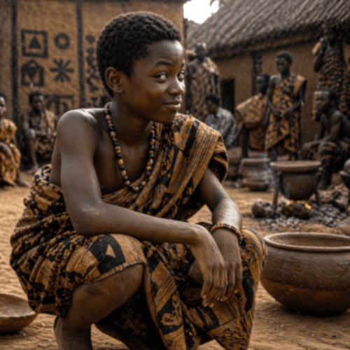 Ntikuma portrayed in simple art as a clever folkloric figure symbolizing wit, curiosity, and youthful intelligence.