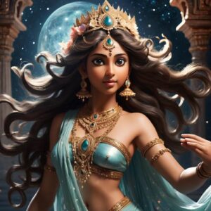 Urvashi depicted in graceful art as a celestial apsara symbolizing beauty, charm, and divine allure.