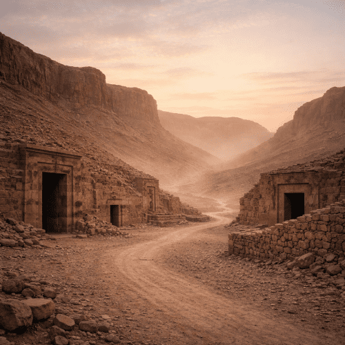 Valley of Kings depicted in dramatic art as a majestic burial landscape symbolizing ancient royalty, mystery, and eternal legacy.