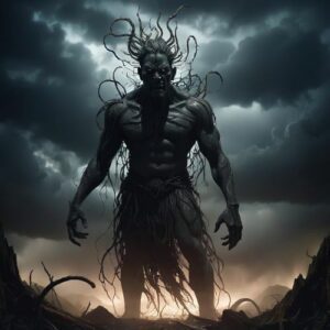 Whiro depicted in dark mythic art as a shadowy deity symbolizing chaos and destruction.