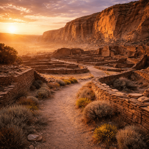 Chaco Canyon, an ancient cultural site symbolizing astronomy, architecture, and ancestral heritage.