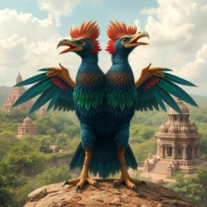 Gandaberunda depicted in mythic art as a two-headed bird symbolizing strength, protection, and divine power.