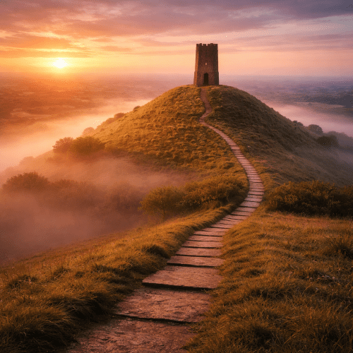 Glastonbury Tor depicted in mythic art as a mystical hill symbolizing legend, spirituality, and ancient Celtic heritage.
